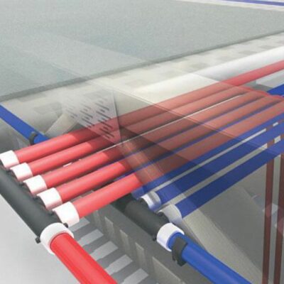 Diagram of red and blue pipes in a building's plumbing system.