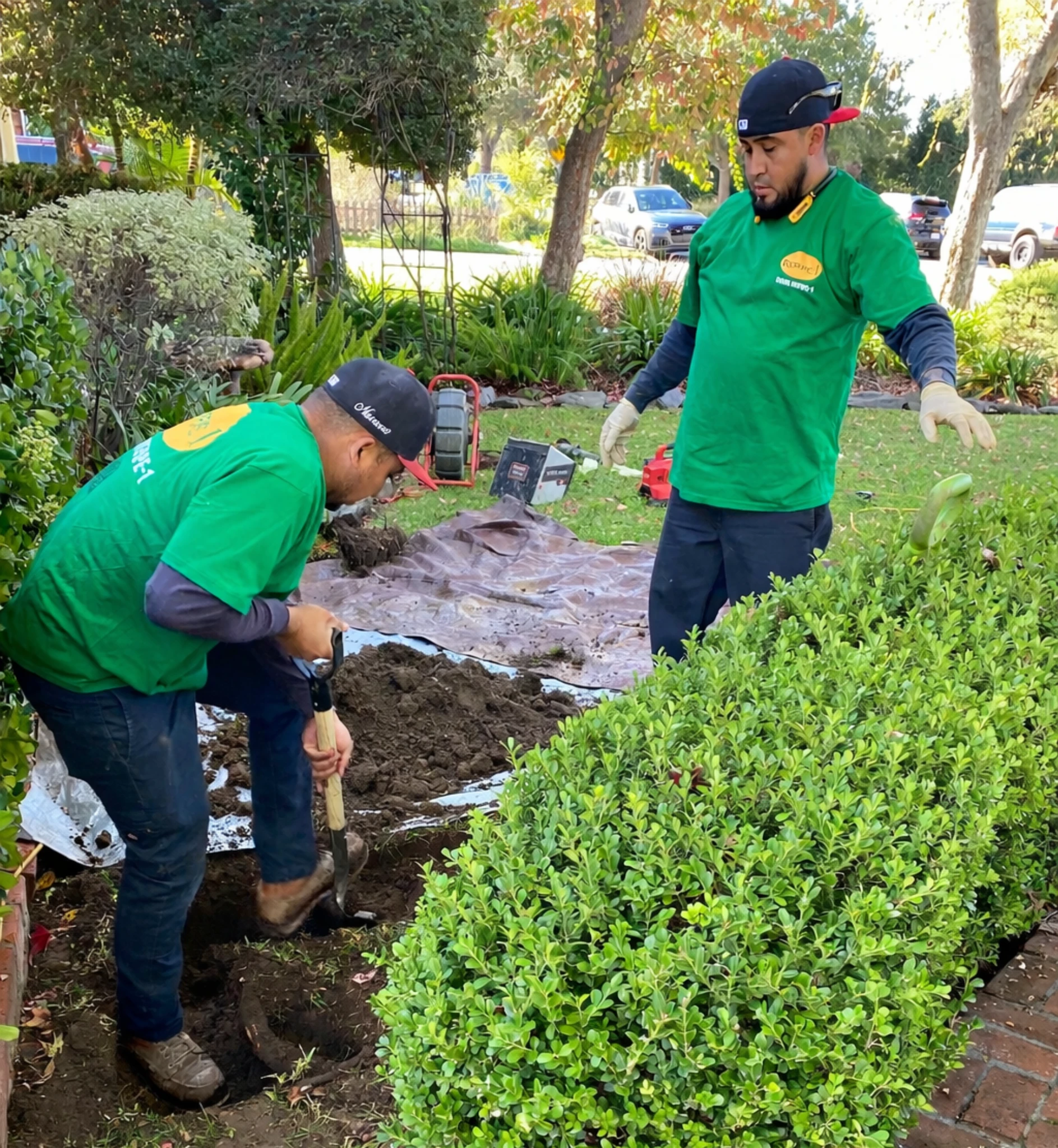 Technician inspecting an exposed underground sewer pipe in a residential yard for sewer line replacement and repair Orange County service.