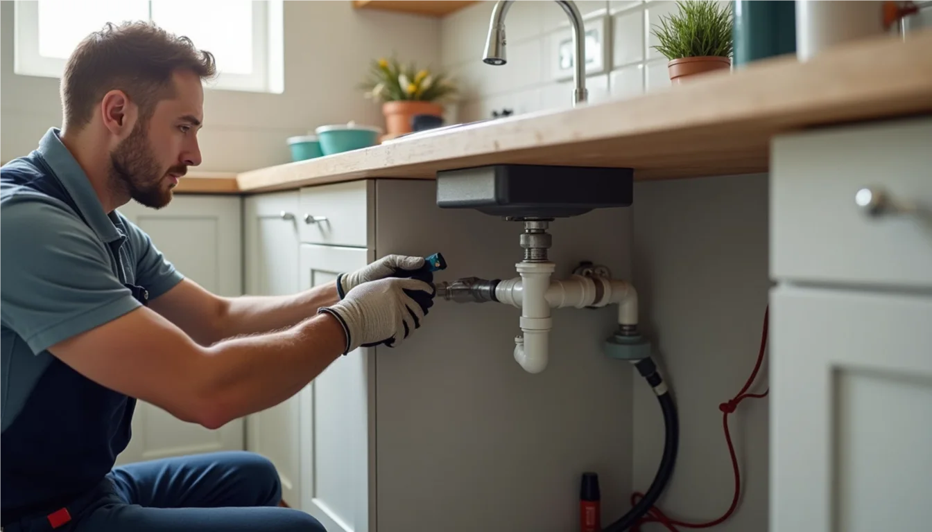 Professional plumber repairing a kitchen sink drain in a residential home for professional drain repair services Orange County.