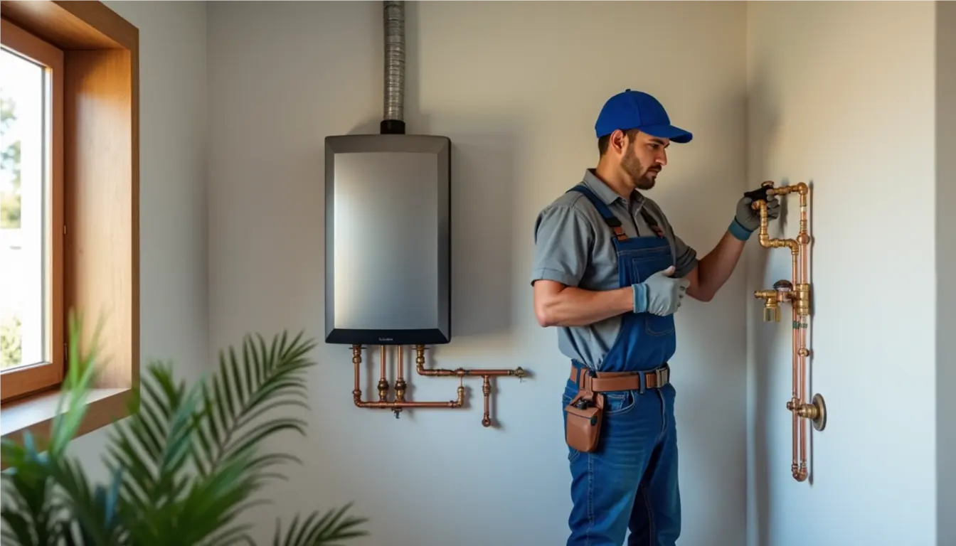 Professional plumber installing a wall-mounted tankless water heater in a residential home during tankless water heater installation Los Angeles service.
